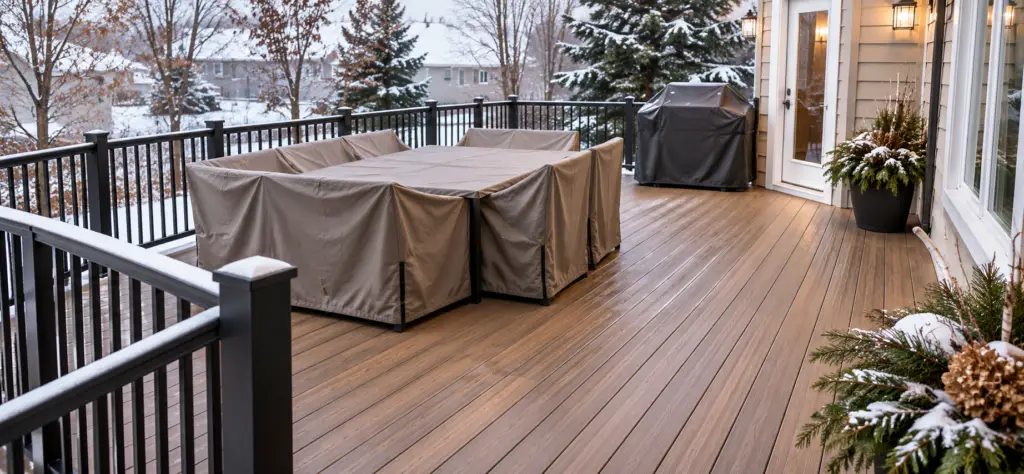 A wooden deck prepared for winter with outdoor furniture and a grill covered in protective grey tarps, set against a backdrop of snow-covered trees and a house.