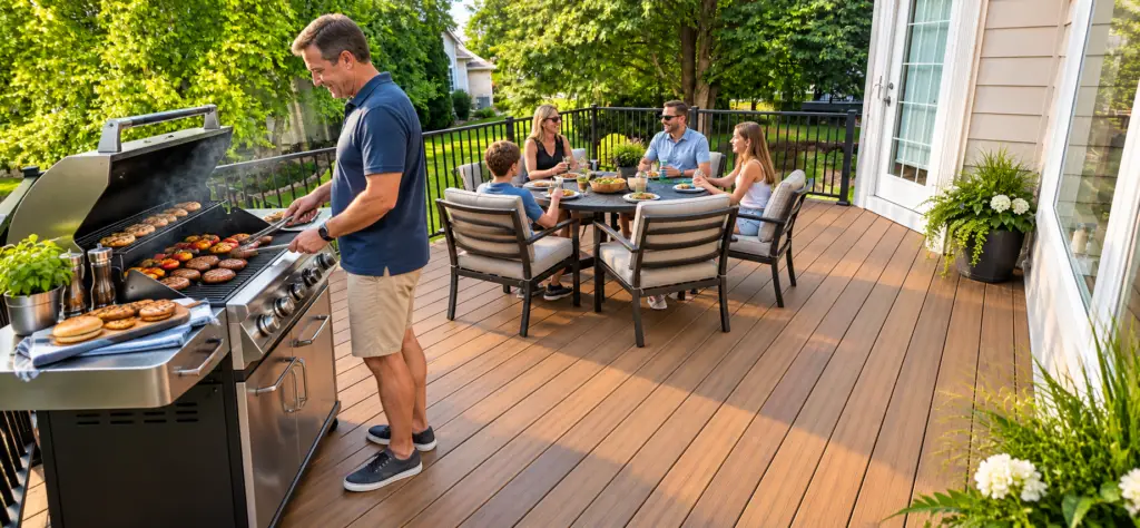 Family enjoying a backyard barbecue on a spacious composite deck with an outdoor grill, dining furniture, and black aluminum railings.