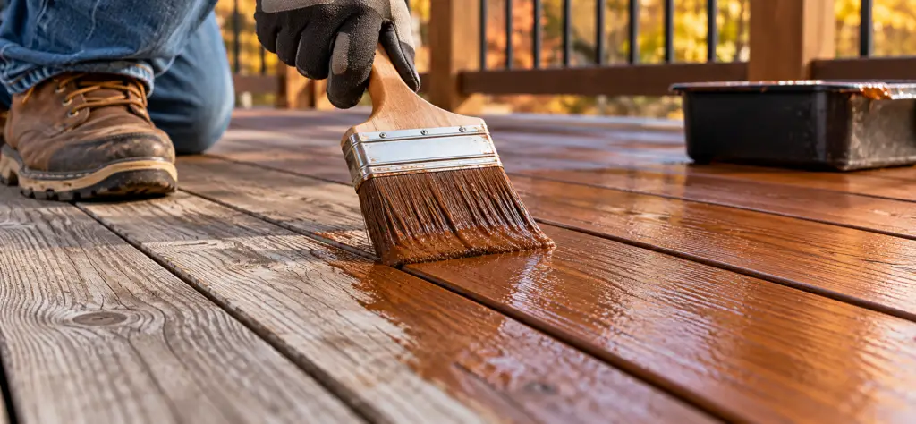 Applying wood stain with a brush to weathered deck boards during fall deck maintenance in Minnesota