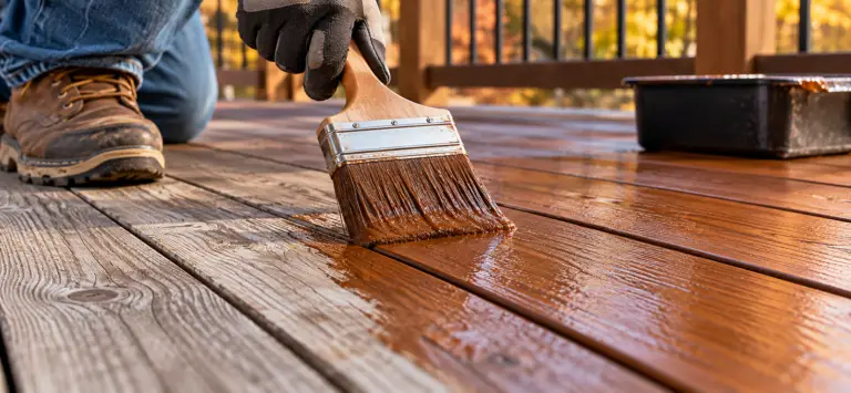 Applying wood stain with a brush to weathered deck boards during fall deck maintenance in Minnesota