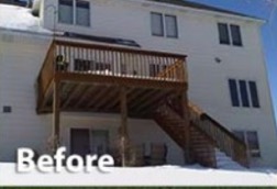 A two-story house with a wooden deck and stairs, built using quality DIY Deck Materials, is shown in winter with some snow. The word Before is overlaid in the lower left corner of the image.