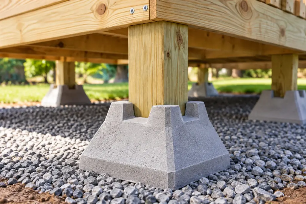 Wooden deck support posts resting in concrete deck blocks on a gravel bed during deck construction.