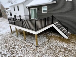 A Trex composite deck with aluminum railing in a cold region of the country.