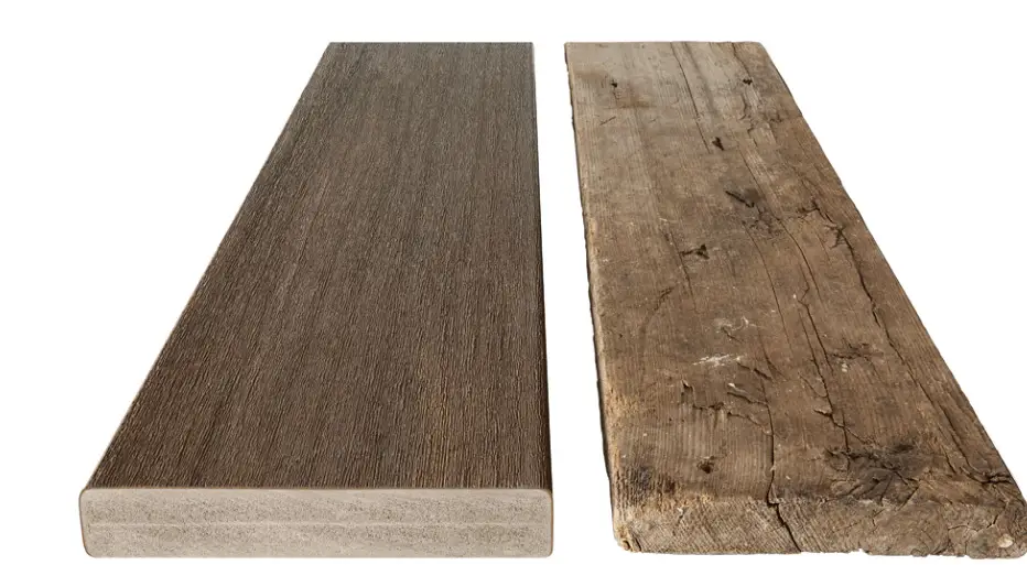 Two wooden boards side by side; the left board is smooth and finished, ideal for a professional Deck Install, while the right board is rough and weathered, showing what DIY Deck Materials might look like untreated.