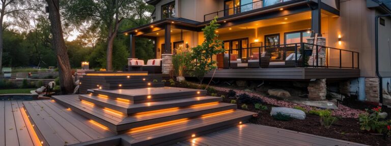 a modern suburban home showcasing a luxurious timbertech deck that elegantly extends into an inviting outdoor entertaining space, highlighting its seamless integration with the contemporary architecture and elevated curb appeal.