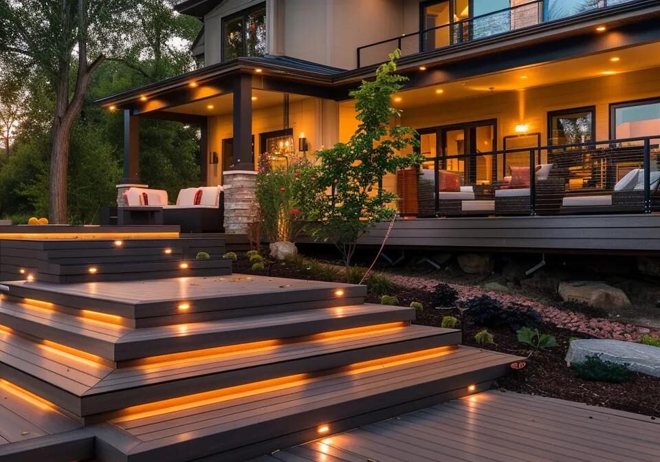 a modern suburban home showcasing a luxurious timbertech deck that elegantly extends into an inviting outdoor entertaining space, highlighting its seamless integration with the contemporary architecture and elevated curb appeal.