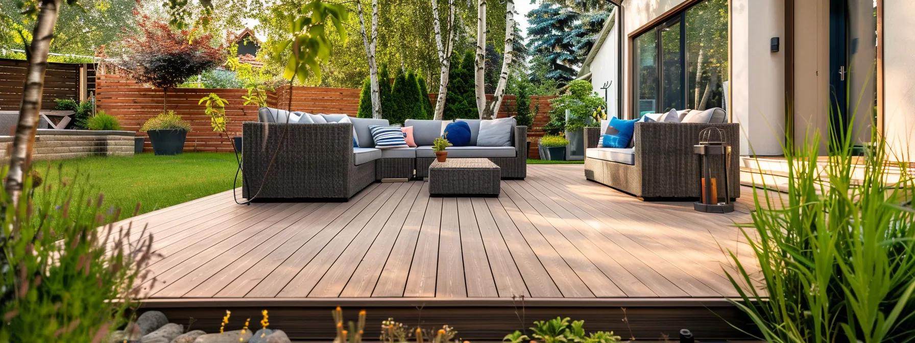 a modern urban backyard showcases sleek timbertech decking in a rich, uniform color against contemporary outdoor furniture, highlighting its low-maintenance appeal and enhancing the home's curb appeal with an inviting atmosphere ideal for potential buyers.