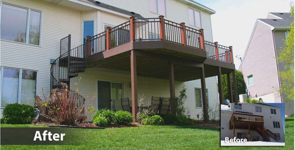 A two-story beige house with a new elevated deck, expertly crafted by a Deck Builder, featuring a spiral staircase, black railings, and patio furniture underneath. The inset shows the previous plain wooden deck. Text labels read After and Before.