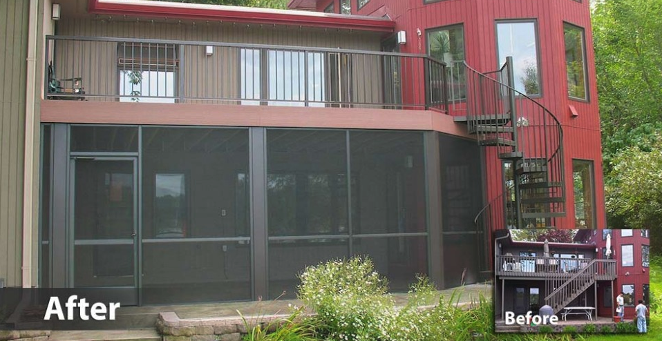 A modern two-story house with a new screened-in porch on the lower level, crafted by expert deck builders, and a spiral staircase leading to the upper deck. Inset shows the before image without the screened porch. Text reads After and Before.