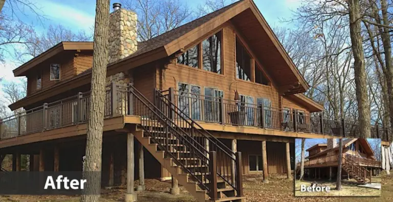 A renovated wooden cabin with a large deck crafted using DIY Deck Materials and a stone chimney, surrounded by bare trees. An inset in the corner shows the older version of the cabin with a smaller deck. Text reads After and Before.