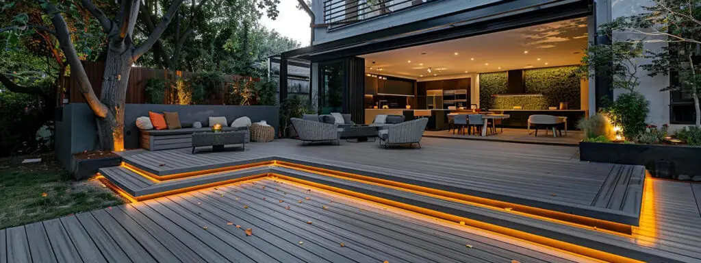 Modern outdoor patio with gray decking from quality DIY deck materials, built-in LED step lights, lounge seating with cushions, round chairs, and an open dining area leading into a contemporary kitchen, surrounded by trees and greenery in the evening.