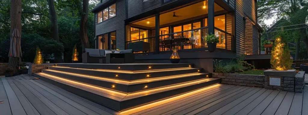 Modern house with large windows and a covered porch, featuring wide steps with built-in yellow lighting leading to a spacious outdoor deck. A trusted deck builder crafted this space, surrounded by trees and illuminated plants.