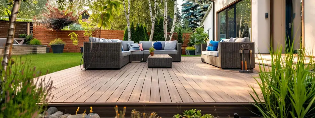 A modern backyard patio with wicker sofas, blue and gray cushions, and lush green plants sits on a wooden deck built by expert deck builders. Large glass doors open to this stylish retreat, surrounded by a beautifully landscaped garden.