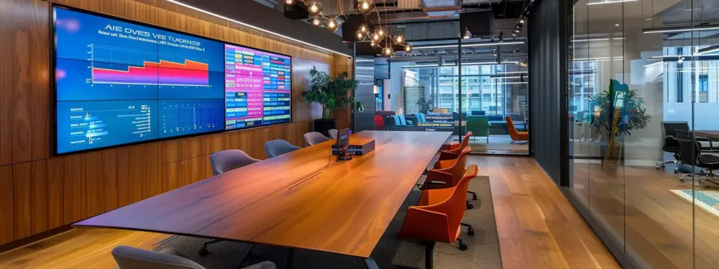 Modern conference room with a long wooden table, colorful chairs, and large digital screens displaying graphs and data. Glass walls reveal office areas styled with seating, plants, and natural light—perfect inspiration for any deck builder sourcing DIY deck materials.