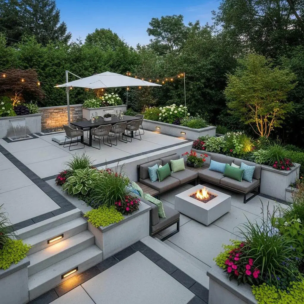 Modern outdoor patio with tiered seating made from quality DIY Deck Materials, lush green plants, string lights, a dining table under a white umbrella, and a cozy fire pit area—all surrounded by trees and shrubs at dusk.