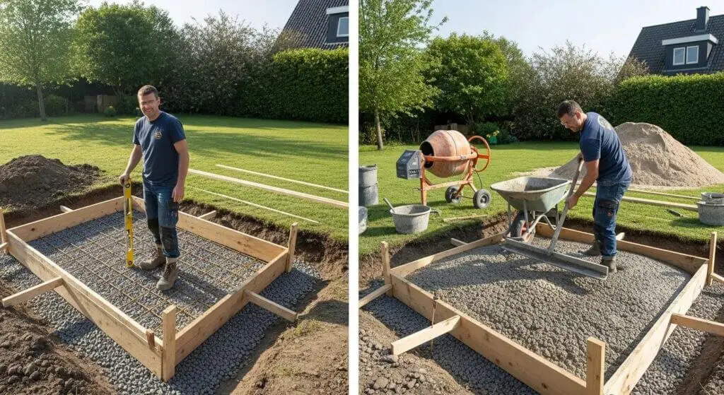 Two side-by-side photos show a man preparing a concrete foundation in a backyard for a DIY deck install: on the left, he measures over rebar in a wooden frame; on the right, he pours concrete from a wheelbarrow onto the gravel base.