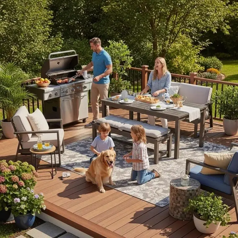A family enjoys a meal on a backyard deck crafted with quality DIY Deck Materials; a man grills food, a woman sits at the table, two children play with their golden retriever, all surrounded by greenery and cozy outdoor furniture.