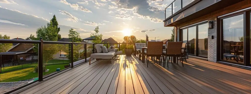 A spacious outdoor deck at sunset with cushioned seating, a dining table, and glass railings overlooks a grassy yard—crafted by an expert deck builder to create a warm and inviting atmosphere.