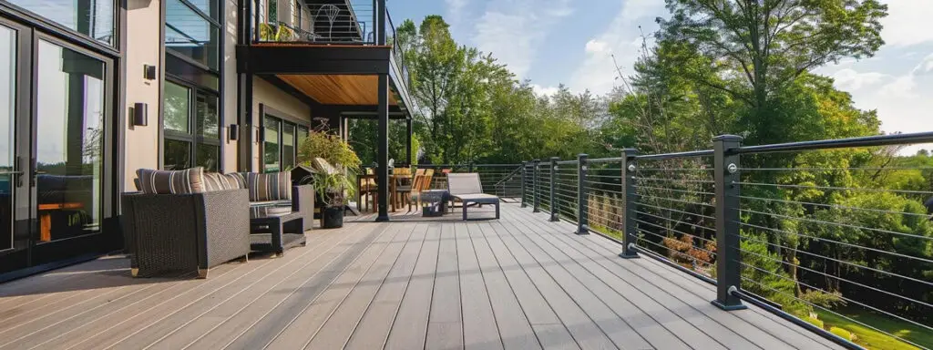 A spacious, modern outdoor deck built by a skilled Deck Builder features lounge chairs, a dining table, and cable railings, attached to a contemporary house and overlooking lush green trees under a blue sky.