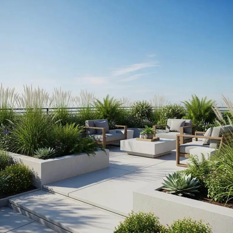 A modern rooftop patio with cushioned chairs, a low table, and raised planters filled with green grasses, shrubs, and succulents under a clear blue sky—ideal inspiration for your next DIY deck install.