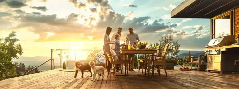 A group of people enjoy a meal together on a wooden deck install during sunset, with two dogs nearby and a barbecue grill in the background. The sky is partly cloudy and the setting is surrounded by nature.