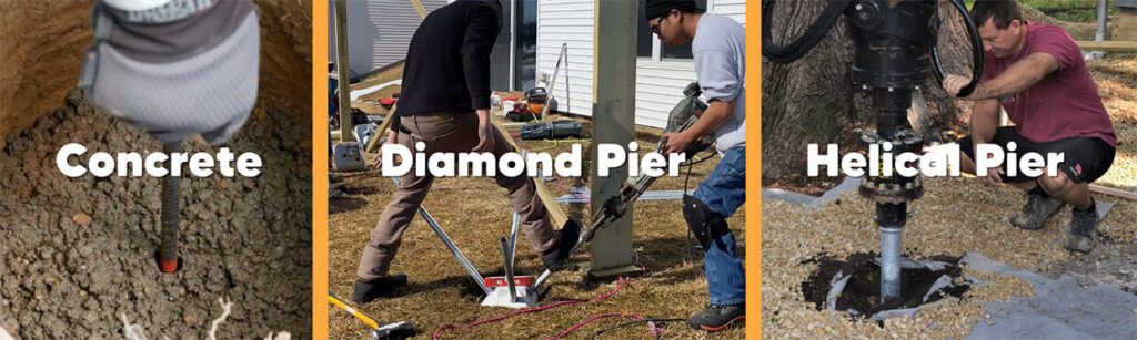 Three side-by-side photos show different deck footing methods for your Deck Install: pouring concrete, installing a diamond pier, and drilling a helical pier, each labeled with bold text over the corresponding image.