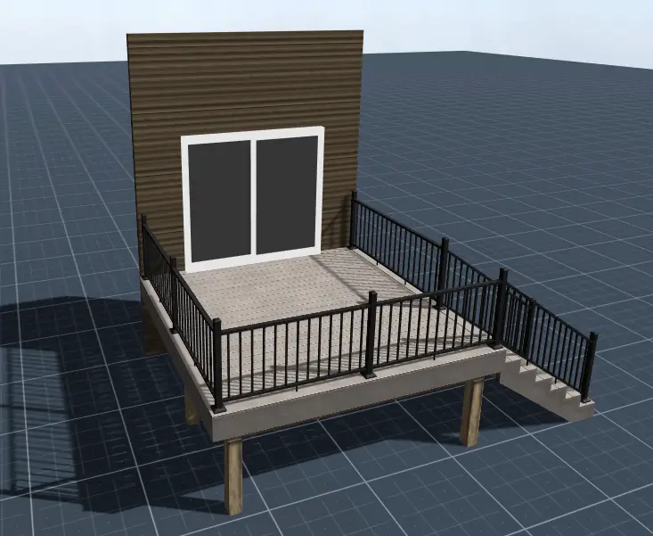 3D rendering of an outdoor raised deck attached to a house with sliding glass doors, black railings, wooden posts, and stairs on the right—perfect inspiration for your next Deck Install or DIY Deck Materials project. The ground features a grid pattern.