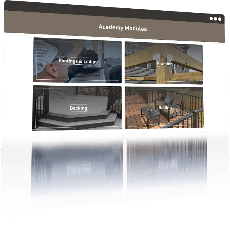 UglyDeck DIY Academy modules for footings and ledger, framing, decking, and railing.