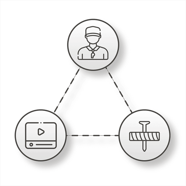 A triangular diagram connects three icons: a person wearing a hat and whistle, a nail, and a play button on a screen, symbolizing the interconnected roles in DIY deck materials selection, deck install process, and guidance from a deck builder.