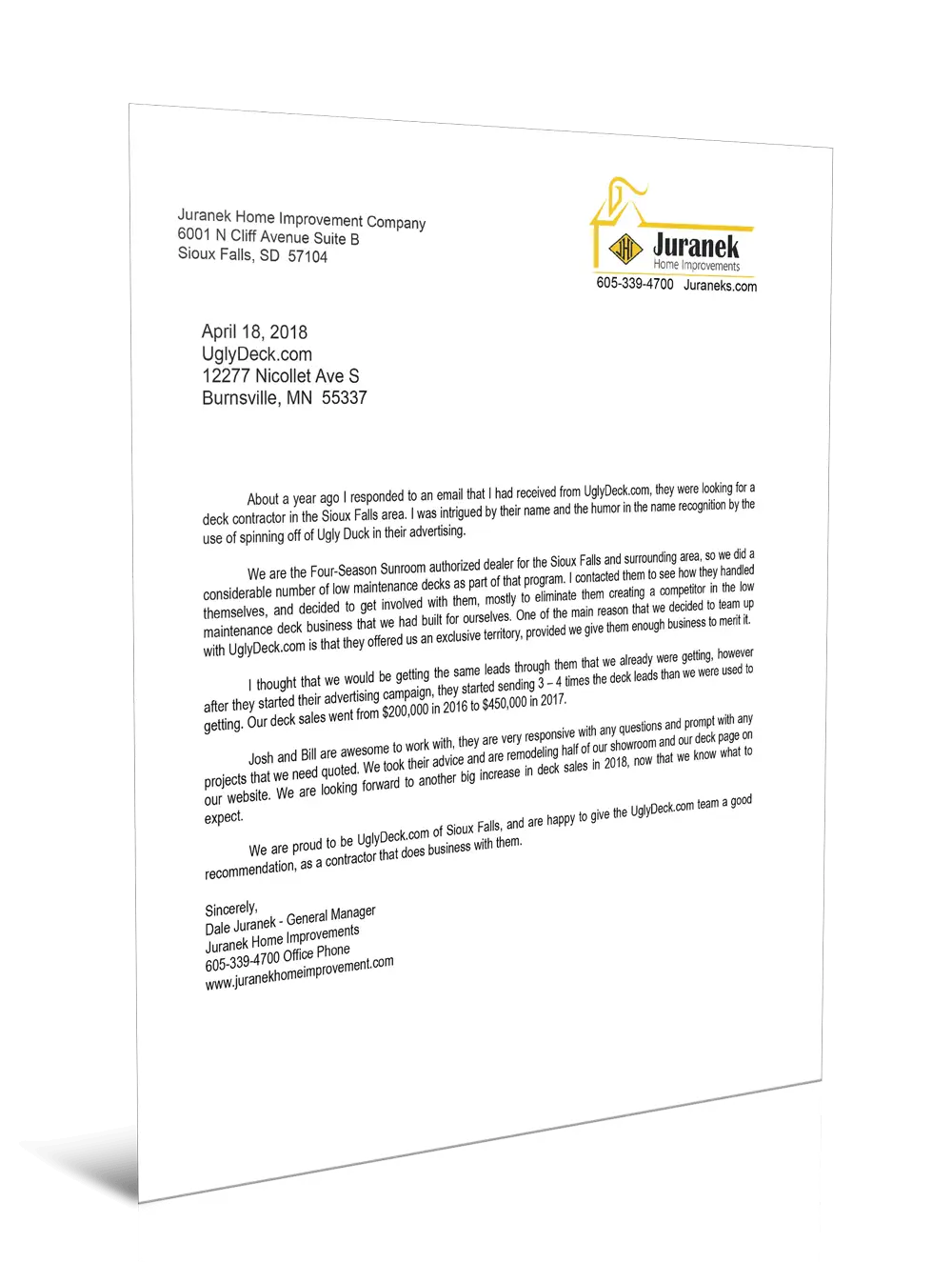An image of a letter from Dale Juranek, explaining the benefits of our dealer program.