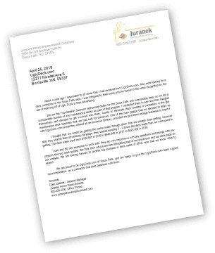 An image of a letter from Dale Juranek, explaining the benefits of our dealer program.