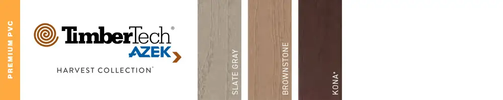 TimberTech AZEK Harvest Collection sample showing three PVC decking colors—Slate Gray, Brownstone, and Kona—ideal for DIY deck materials or your deck builder. A vertical orange bar labeled Premium PVC appears on the left.