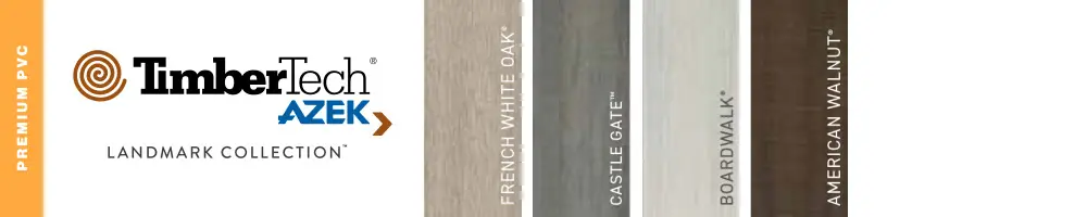 TimberTech AZEK Landmark Collection premium PVC decking samples—perfect for DIY deck materials or a trusted deck builder—shown in four colors: French White Oak, Castle Gate, Boardwalk, and American Walnut.