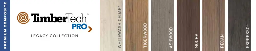 TimberTech PRO Legacy Collection composite decking samples shown in six colors—perfect for any deck builder, deck install, or those seeking premium DIY deck materials. Choose from Whitewash Cedar, Tigerwood, Ashwood, Mocha, Pecan, and Espresso.