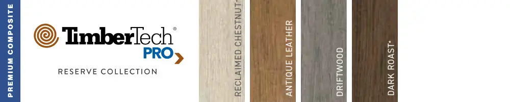 TimberTech PRO Reserve Collection composite decking samples in four colors—Reclaimed Chestnut, Antique Leather, Driftwood, and Dark Roast—perfect for any deck builder or those seeking premium DIY deck materials. Premium Composite label on the side.