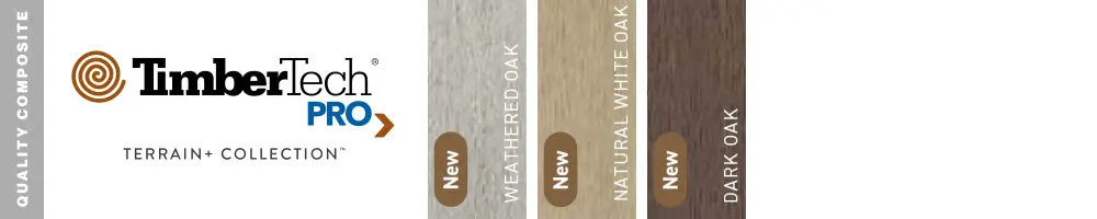 TimberTech PRO Terrain+ Collection display showing four composite wood colors: Weathered Oak, Natural White Oak (new), Natural Oak (new), and Dark Oak—ideal for DIY deck materials or any deck builder—with a Quality Composite label on the left.