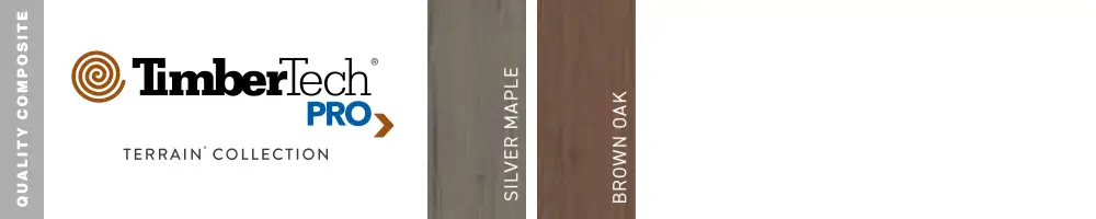 TimberTech PRO Terrain Collection branding. Vertical bars display two composite decking colors: Silver Maple (light grey) and Brown Oak (brown). Side label reads Quality Composite—ideal for deck builders or those seeking premium DIY deck materials.