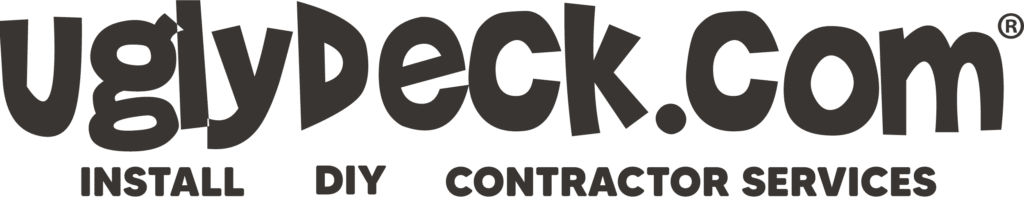 Logo for UglyDeck.com in bold, playful black text. Below the logo are the words INSTALL, DIY DECK MATERIALS, and CONTRACTOR SERVICES in all caps, highlighting available Deck Install options for any deck builder’s needs.