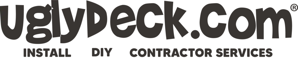 Logo for UglyDeck.com in bold, playful black text. Below the logo are the words INSTALL, DIY DECK MATERIALS, and CONTRACTOR SERVICES in all caps, highlighting available Deck Install options for any deck builder’s needs.