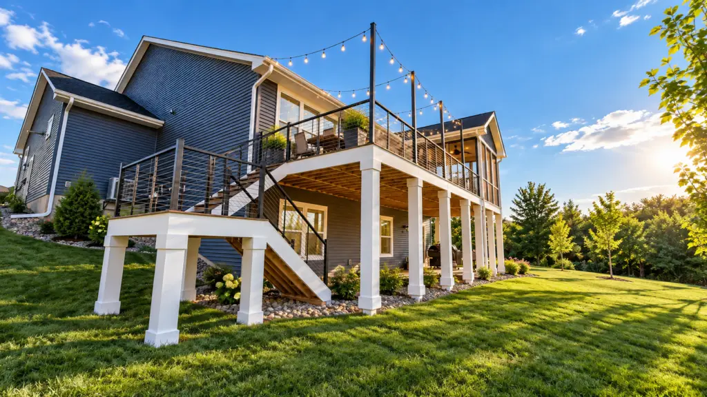 Modern two-story house with gray siding, a large elevated deck with string lights, white railings, and stairs. The house is surrounded by a green lawn, landscaping, and trees under a bright blue sky.