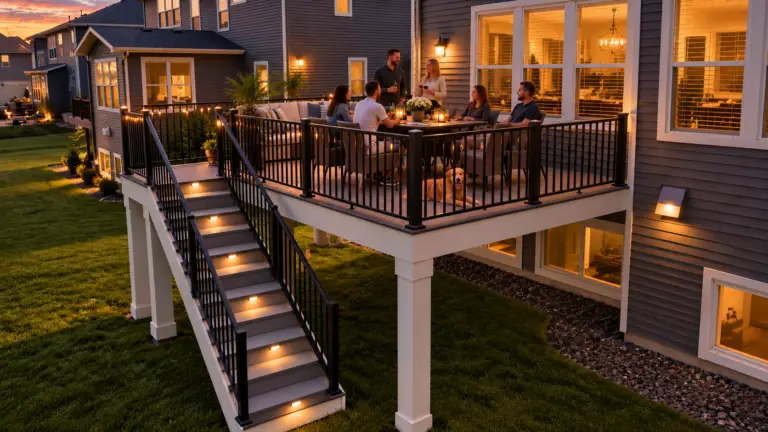 A group of people gather around a table on a lit-up backyard deck at dusk, talking and eating. The deck is raised with stairs, attached to a modern house with large windows.