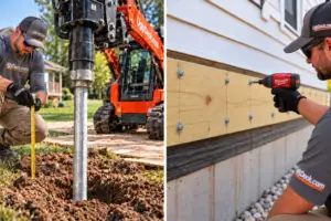 Two UglyDeck workers installing deck footings and attaching framing to a house during deck construction.