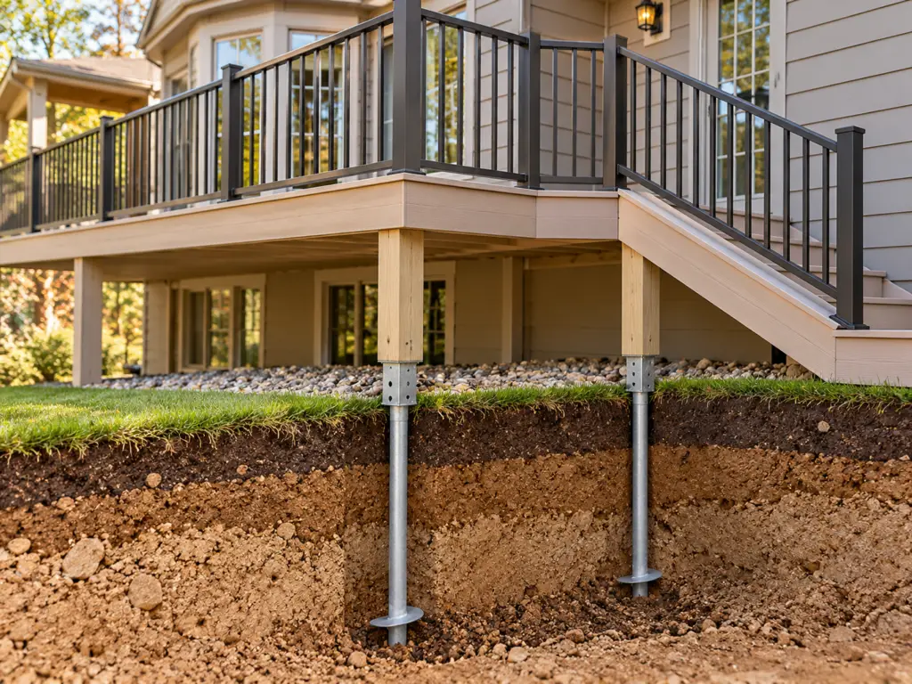 Helical deck footings extending below a finished composite deck