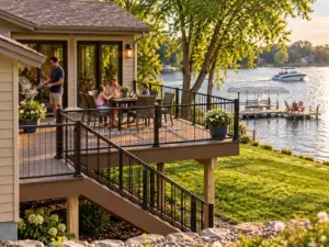 Family enjoying a summer meal on a lakeside composite deck with black railing