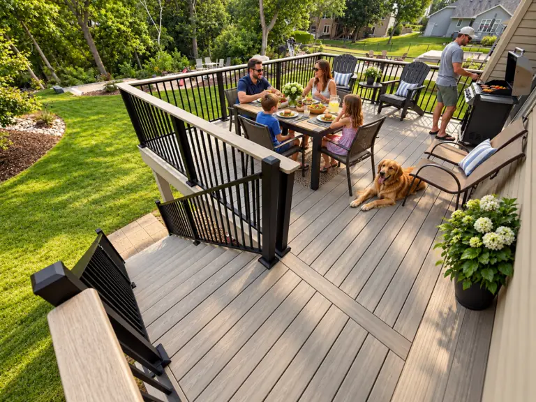 Family enjoying a summer gathering on a composite deck with black aluminum railing