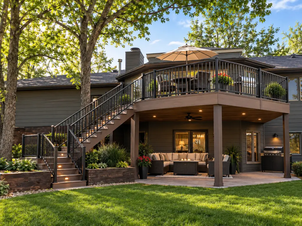 A two-story house with a wooden deck and staircase leading to a backyard patio featuring a sectional sofa, fire pit, and grill.