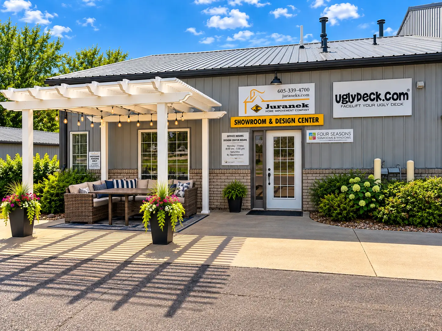 Sioux Falls Juranek Home Improvement and UglyDeck showroom patio with outdoor furniture under a white pergola.