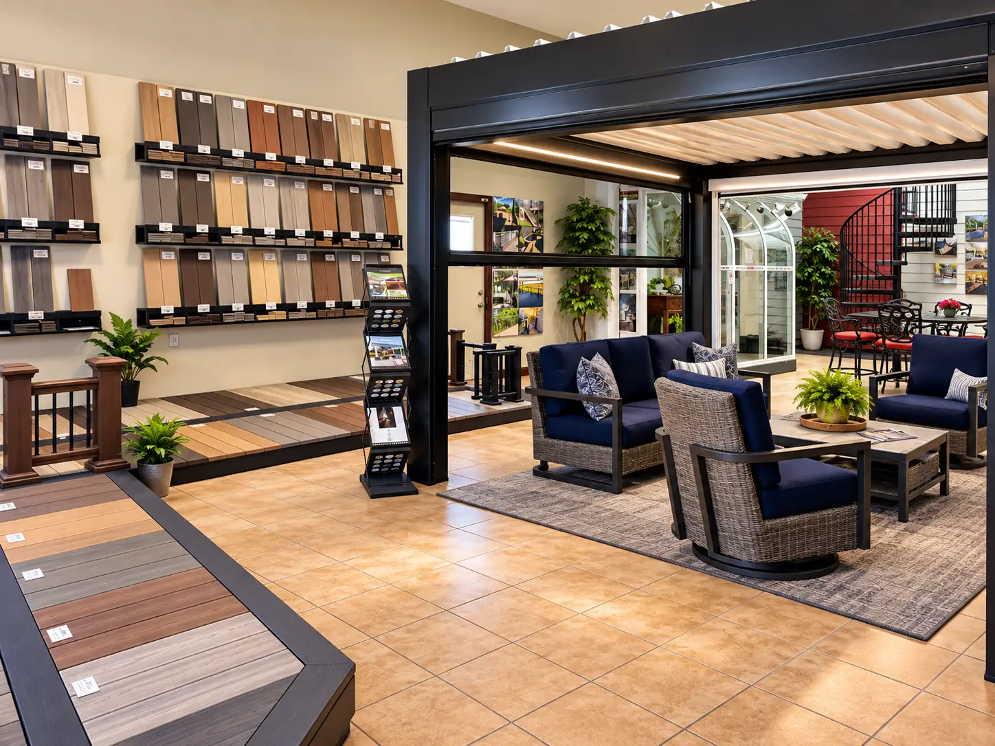 Decking samples and outdoor living displays at the UglyDeck and Juranek Home Improvement showroom in Sioux Falls.