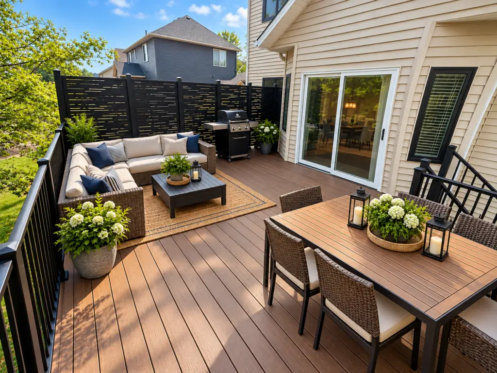 A multi-level deck by Woodbury MN deck builders, featuring a sectional lounge set with a coffee table on a rug, a grill, and a dining table with chairs.