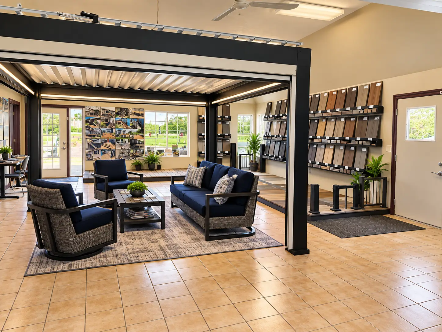 A showroom display featuring a black louvered patio pergola furnished with a blue outdoor sofa, matching swivel chairs, and a coffee table, with wall-mounted samples of flooring and trim options in the background.